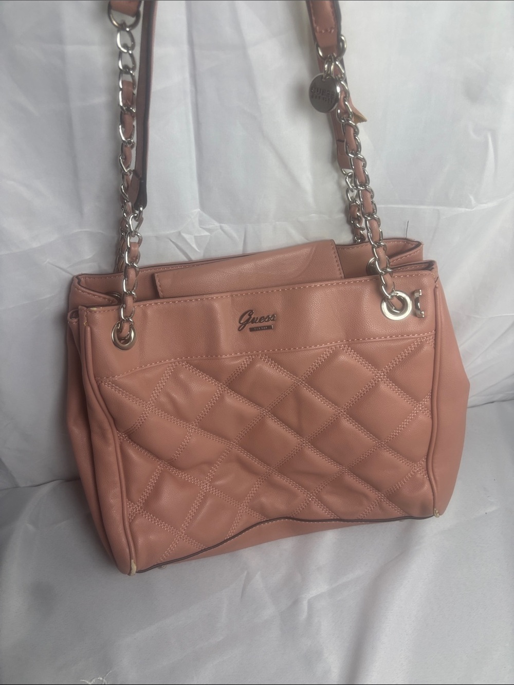 Guess Quilted Blush Pink Chain-Trim Shoulder Bag